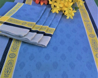 Cotton Table Runner. French Jacquard Français. Protection for easy care. Provence gift idea for her under 50  Blue and yellow Paisley print