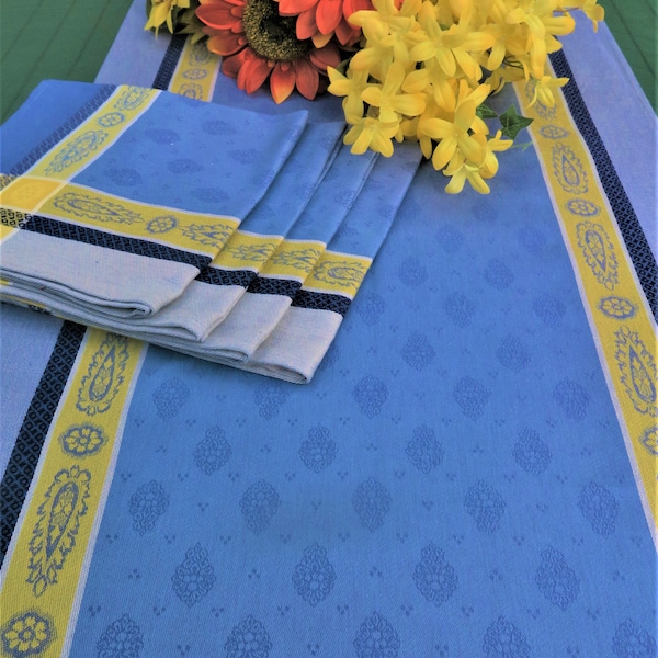 Cotton Table Runner. French Jacquard Français. Protection for easy care. Provence gift idea for her under 50  Blue and yellow Paisley print