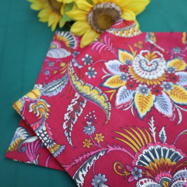 Cloth napkin paisley print Red yellow Cotton fabric Provencal kitchen linen table setting Birthday housewarming gift for her under 25