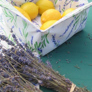 Fabric basket. Bread, Fruit. cotton coated Fabric. Easy care  Stain resistant, waterproof Wipe off stain Purple Lavender print. White green