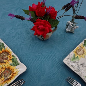 Rectangular tablecloth. French kitchen linen. Wipe off stains. Wipeable waterproof Easy care. Leave print fabric. Cotton coated Teal blue
