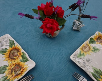 Rectangular tablecloth Wipe off stains. Wipeable Easy TO CLEAN. Leaves print fabric. Cotton coated spill proof French Oilcloth Teal blue