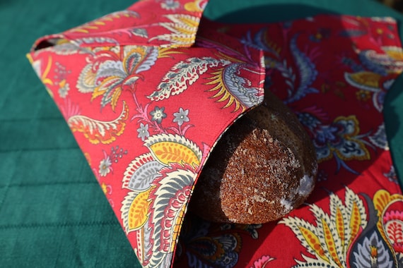 Bread lover gift under 20, Cotton Dinner roll holder. hand crafted kitchen linen. Red yellow paisley print