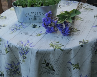 Round Table cloth Cotton French oilcloth. fabric Stain resistant waterproof wipe-able. Fabric from Provence. Purple Lavender Olives print