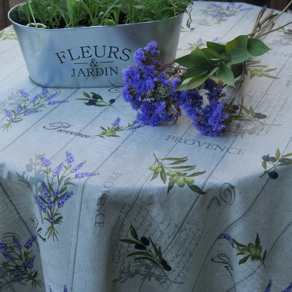 Round Table cloth Cotton French oilcloth. fabric Stain resistant waterproof wipe-able. Fabric from Provence. Purple Lavender Olives print