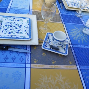 Rectangular tablecloth. 106"x67" wide. Cotton coated Jacquard. Blue and yellow. Olives and lavender print . Provence fabric. Table of 6 to 8