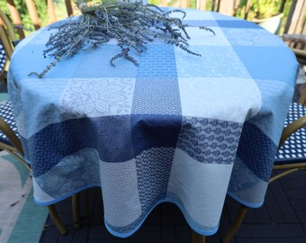 Ready to ship 64" diam large round cotton Jacquard laminated tablecloth. indoor outdoor easy care wipeable Blue kitchen linen from Provence