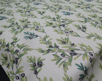 Spill proof EASY CARE. EXTRA long Rectangular table cloth or short. French oilcloth fabric Cotton Coated. olives lover print egg shell color
