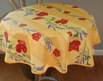 Small bistro Round table cloth. French oilcloth fabric. Wipe off stains Easy care fabric Provence. Lavender and poppies lover in yellow.