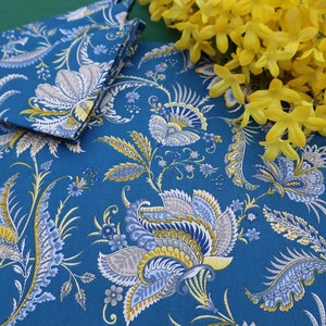 Blue yellow cotton fabric for Cloth reusable napkin. paisley print Provencal kitchen linen Birthday MOM gift for her. eco friendly product image 2