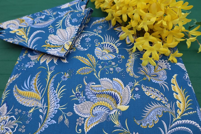 Blue yellow cotton fabric for Cloth reusable napkin. paisley print Provencal kitchen linen Birthday MOM gift for her. eco friendly product image 2