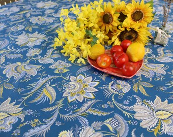 Summer outdoor kitchen linen. Square tablecloth Easy care. Stain waterproof Blue yellow Fabric from Provence Floral print white flowers