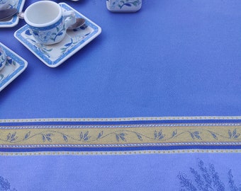 JACQUARD Cotton coated rectangular short or long tablecloth Lavender print blue yellow kitchen linen from Provence Easy care wipeable fabric