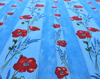 Fabric of Provence square tablecloth. Cotton laminated fabric with red poppies and purple Lavender. Indoor outdoor light blue kitchen linen