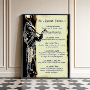 May include: A rectangular wall poster featuring a black and white illustration of an ibis-headed figure holding a stylus. The text reads The 7 Hermetic Principles, listing seven numbered principles with descriptions on a parchment-colored background.