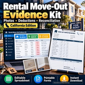 California Rental Move Out Inspection & Deposit Tracker | Photo Evidence Log | Security Deposit Excel Worksheet + Forms image 1