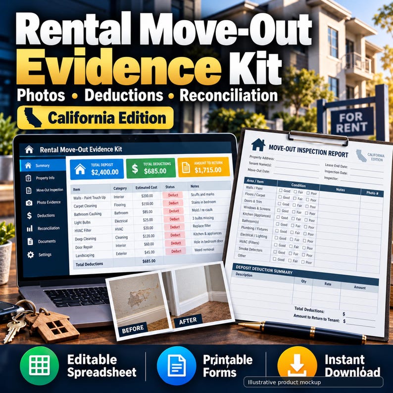 California Rental Move Out Inspection & Deposit Tracker | Photo Evidence Log | Security Deposit Excel Worksheet + Forms image 1