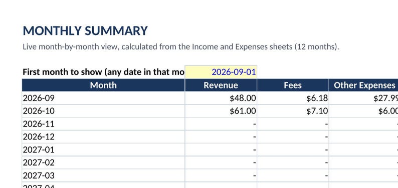 May include: A Monthly Summary spreadsheet table showing financial data with columns for Month, Revenue, Fees, and Other Expenses. The table displays rows starting from 2026-09 with specific dollar amounts and dashes for empty cells.