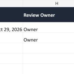 May include: A digital spreadsheet table with dark blue headers and white text. The columns are labelled Doc ID, Vendor ID, Requirement ID, Evidence/File Name, Received, Issued, Expires, Review Owner, Secure Evidence Link/Path, Expiry Status, Verification, and Notes.