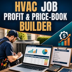 May include: A digital HVAC job profit and price-book builder tool displayed on a laptop screen, featuring charts and tables. Next to it is a job cost worksheet on a clipboard, a calculator, and a technician working on an outdoor HVAC unit.