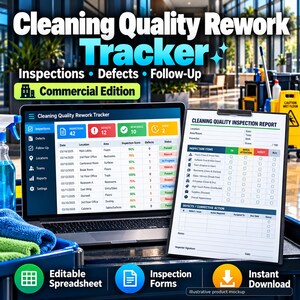 Commercial Cleaning Quality Inspection Tracker | Janitorial Rework Log | Multi Site Excel QA Scorecard & Forms
