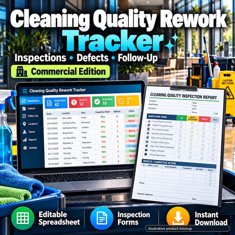 Op de afbeelding: Een digitale Cleaning Quality Rework Tracker op een laptopscherm naast een geprint Cleaning Quality Inspection Report op een klembord, met datatabellen, inspectiechecklists en statusindicatoren voor commercieel gebruik.