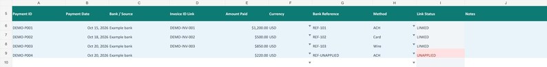 May include: A digital spreadsheet table with a dark teal header row containing labels: Payment ID, Payment Date, Bank / Source, Invoice ID Link, Amount Paid, Currency, Bank Reference, Method, Link Status, and Notes, displaying four rows of data.