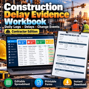 May include: A Construction Delay Evidence Workbook featuring a laptop displaying a digital dashboard of logs, delays, and change events, alongside a printed Construction Delay Log form, a yellow hard hat, and a measuring tape on a construction site.