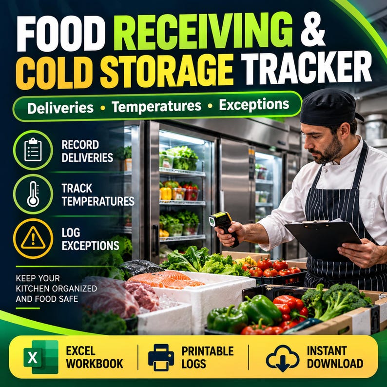 Restaurant Receiving Temperature Log Excel | Food Delivery Inspection and Fridge Exception Tracker image 1