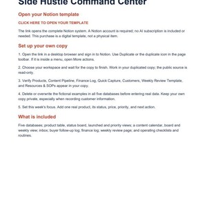 Pode incluir: Um documento digital intitulado Miller Industriez Side Hustle Command Center. Fornece instru&ccedil;&otilde;es para abrir um modelo Notion, configurar uma c&oacute;pia e lista os recursos inclu&iacute;dos, como cinco bancos de dados, um calend&aacute;rio de conte&uacute;do e registros financeiros.