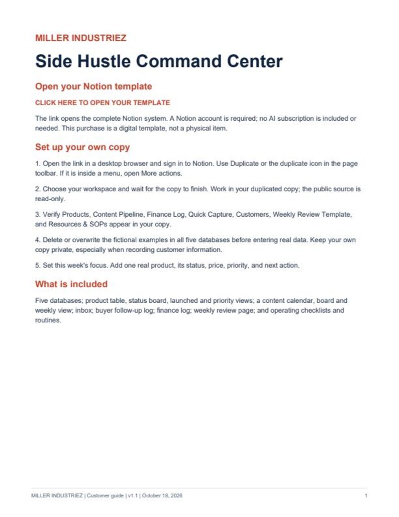 Pode incluir: Um documento digital intitulado Miller Industriez Side Hustle Command Center. Fornece instru&ccedil;&otilde;es para abrir um modelo Notion, configurar uma c&oacute;pia e lista os recursos inclu&iacute;dos, como cinco bancos de dados, um calend&aacute;rio de conte&uacute;do e registros financeiros.