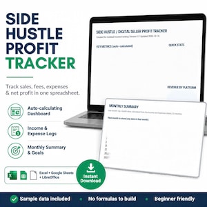 May include: A digital Side Hustle Profit Tracker spreadsheet displayed on a laptop screen and a tablet. The interface includes sections for Key Metrics, Quick Stats, Revenue by Platform, and a Monthly Summary for tracking sales, fees, and expenses.