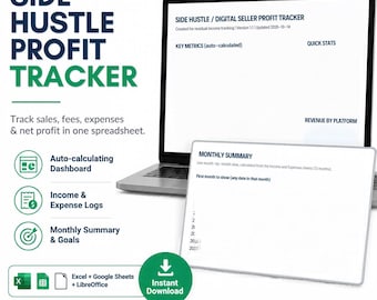 Pode incluir: Uma planilha digital Side Hustle Profit Tracker exibida na tela de um laptop e de um tablet. A interface inclui seções para métricas principais, estatísticas rápidas, receita por plataforma e um resumo mensal para rastrear vendas.