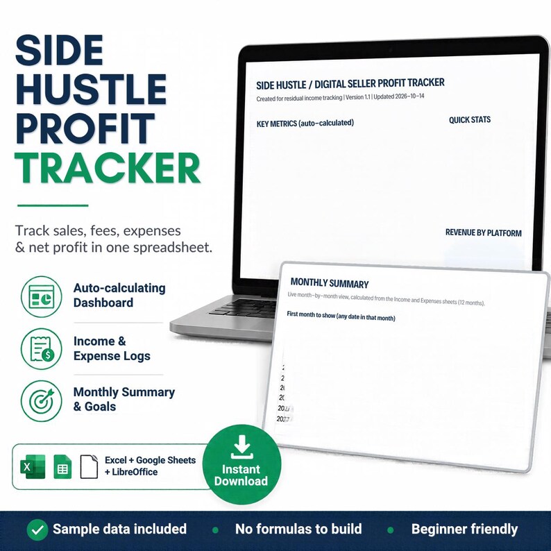 May include: A digital Side Hustle Profit Tracker spreadsheet displayed on a laptop screen and a tablet. The interface includes sections for Key Metrics, Quick Stats, Revenue by Platform, and a Monthly Summary for tracking sales, fees, and expenses.