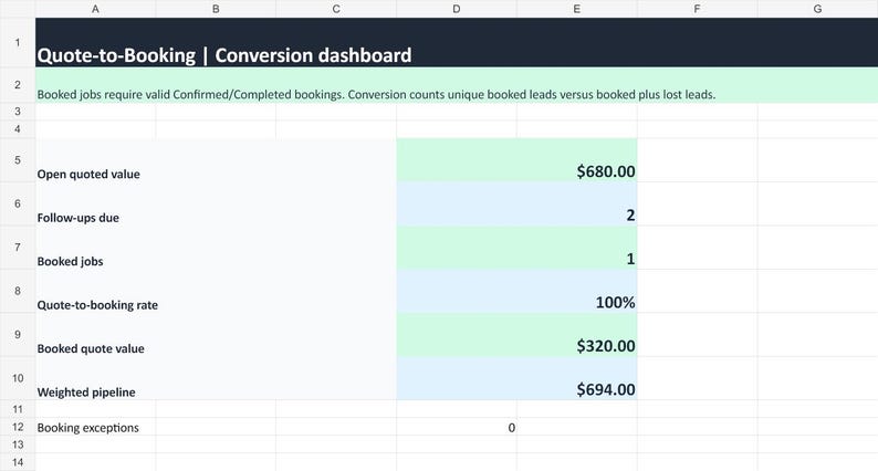 Quote to Booking Tracker Excel, Lead Follow Up CRM, Service Business Quote Tracker, Client Pipeline & Booking Spreadsheet image 1