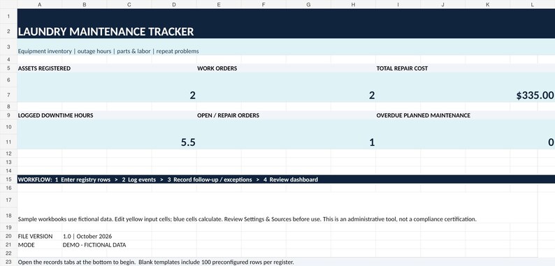 Commercial Laundry Equipment Maintenance Excel | Downtime and Repair Cost Tracking Spreadsheet image 2