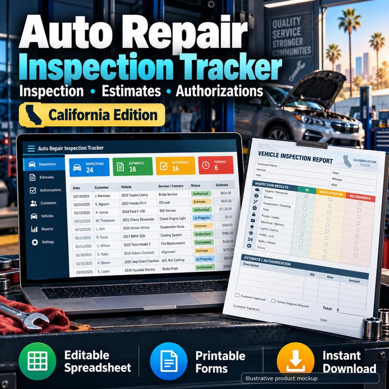 May include: An Auto Repair Inspection Tracker software interface on a laptop screen and a printed Vehicle Inspection Report form. The digital dashboard displays inspection, estimate, and authorization data. The form includes fields for customer details and service results.
