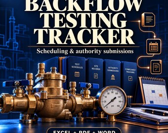 May include: A brass backflow prevention valve with blue handles and a pressure gauge sits before blue binders labeled Test Schedules, Site Records, Authority Submissions, and Compliance Tracking. Text reads Miller Industriez Backflow Testing Tracker, Scheduling & authority submissions, and EXCEL + PDF + WORD.