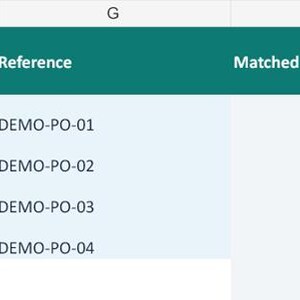May include: A digital spreadsheet table with a dark teal header row containing columns labeled Invoice ID, Vendor/Client, Invoice Date, Due Date, Amount Due, Currency, Reference, Matched Paid, Balance Due, Match Status, Days Past Due, Last Pay Date, and Notes.
