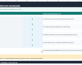 CAPA Tracker Excel | Corrective Action, Root Cause and Effectiveness Check Log