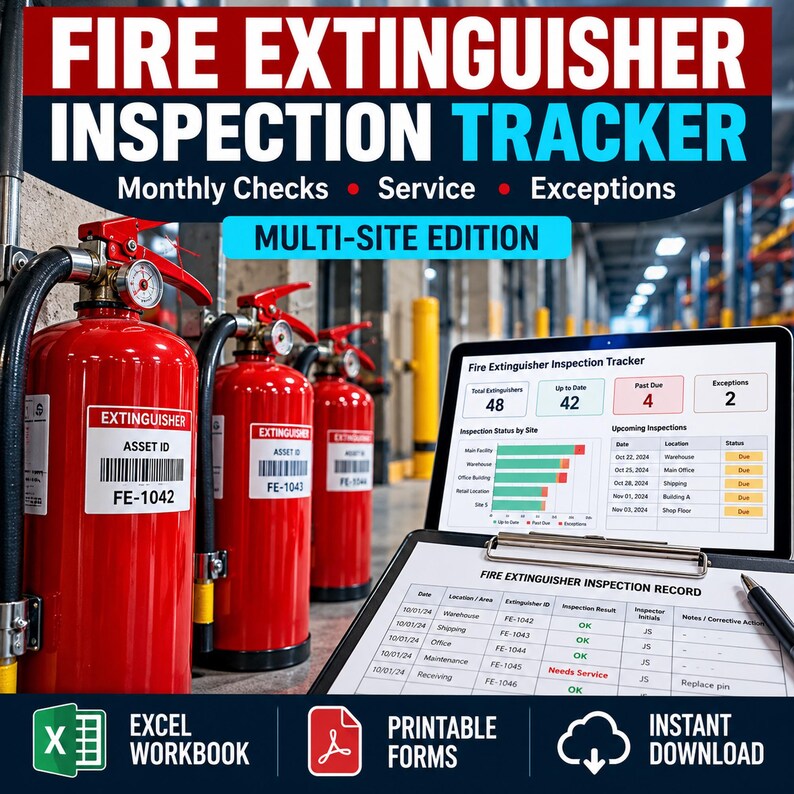 Fire Extinguisher Monthly Inspection Tracker Excel | Multi Site Inspection and Service Log image 1