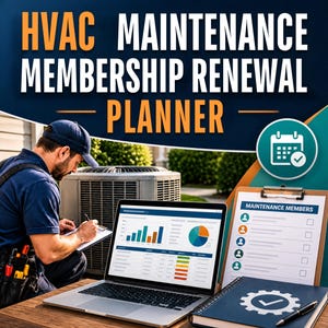 May include: HVAC MAINTENANCE MEMBERSHIP RENEWAL PLANNER text overlay. A laptop displays data charts, next to a clipboard with a MAINTENANCE MEMBERS checklist and a notebook with a gear icon. A technician works in the background.