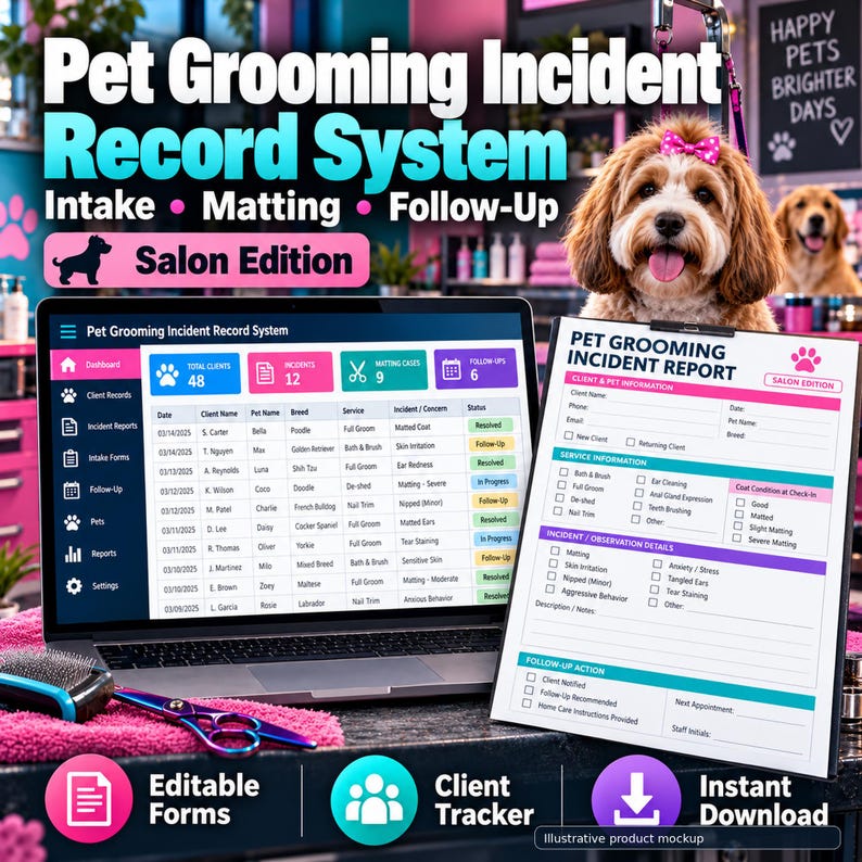 Pet Grooming Intake and Incident Tracker | Dog Salon Matting Consent Records | Editable Excel Client Log and Printable Forms image 1