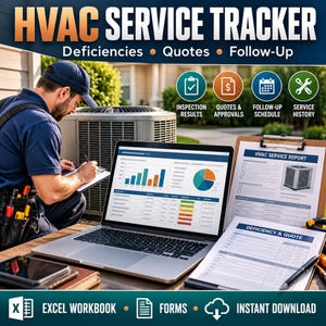 HVAC Maintenance Deficiency Tracker | HVAC Service Visit Log Excel | Quote Follow-Up Forms image 1