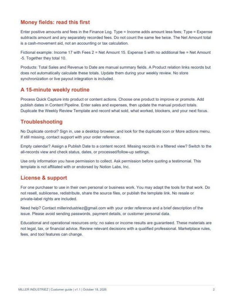 Pode incluir: Um documento intitulado Miller Industriez Customer guide v1.1 datado de 18 de outubro de 2026. O texto fornece instru&ccedil;&otilde;es para campos financeiros, uma rotina semanal de 15 minutos, solu&ccedil;&atilde;o de problemas, licen&ccedil;a e informa&ccedil;&otilde;es de suporte.