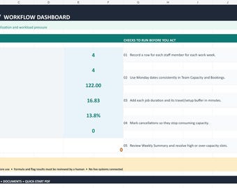 Service Capacity Planner Excel | Weekly Staff Scheduling and Utilization Tracker