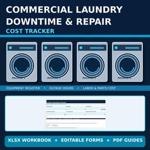 Commercial Laundry Equipment Maintenance Excel | Downtime and Repair Cost Tracking Spreadsheet image 1