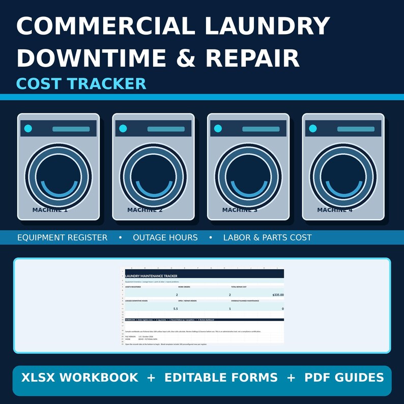 Commercial Laundry Equipment Maintenance Excel | Downtime and Repair Cost Tracking Spreadsheet image 1