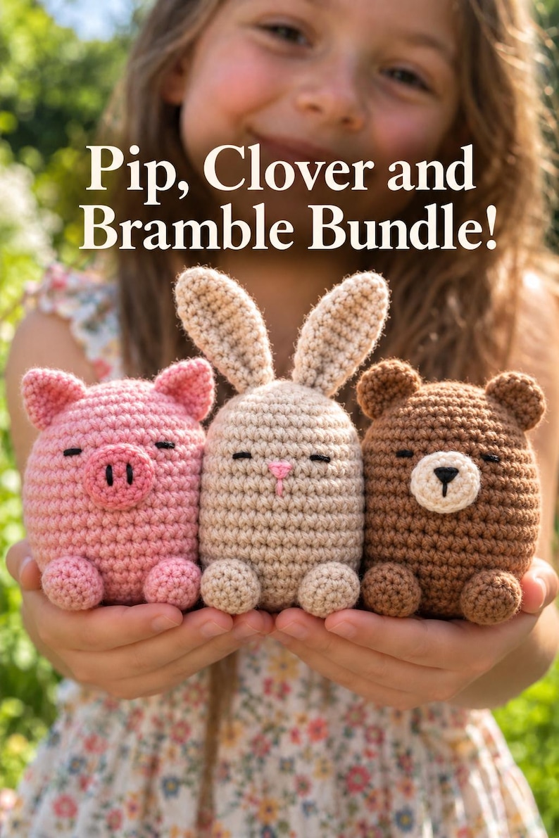 Crochet Animal Pattern PDF Bundle | Pig Bear Bunny | 3 Easy Amigurumi Patterns | US Terms image 1