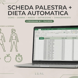 May include: A laptop displaying an Excel spreadsheet for fitness and diet planning. The screen shows text in Italian, including 'SCHEDA PALESTRA + DIETA AUTOMATICA', with icons of a dumbbell, an apple, and a stopwatch, plus human silhouettes.